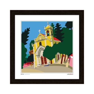 Imagem digital estilizada de uma igreja amarela rodeada de árvores com céu azul em moldura preta