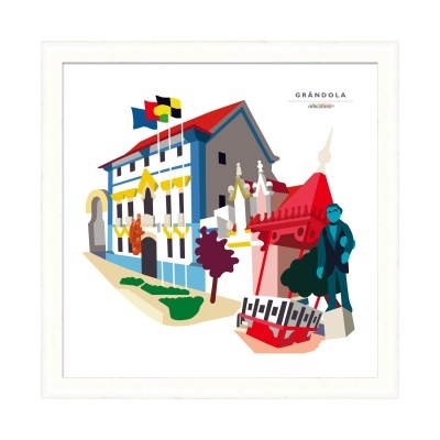 Quadro ilustrativo colorido de edifício com bandeiras e texto GRÁNDOLA