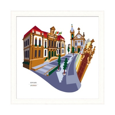 Ilustração de edifícios históricos em Ovar com arquitetura detalhada e estrada curva