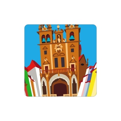 Ilustração digital de igreja com campanários e edifícios coloridos ao redor