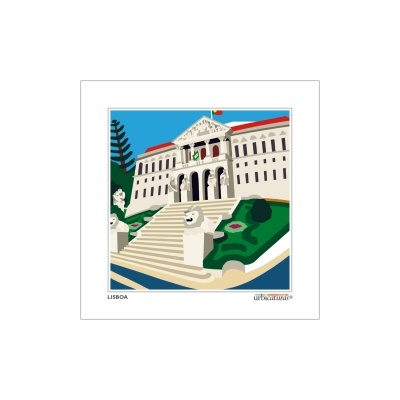 Ilustração de edifício com escadaria, esculturas de leões e bandeira em Lisboa