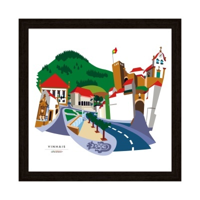 Ilustração da vila de Vinhais com estrada e montanhas