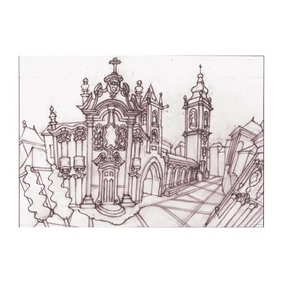 Desenho a lápis de edifício barroco com torre e rua