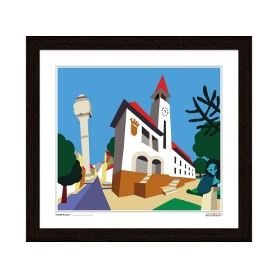 Quadro decorativo com ilustração de edifício com torre e relógio