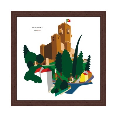 Ilustração do Castelo de Sabugal com casas e árvores, moldura castanha