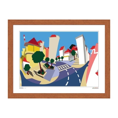 Ilustração colorida de rua urbana com edifícios, árvores e estrada curva emoldurada