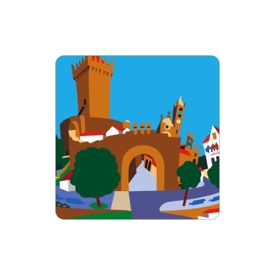 Ilustração colorida de castelo e igreja com árvores e céu azul.