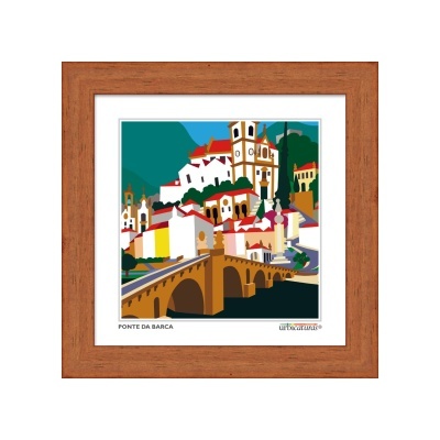 Quadro decorativo com ilustração colorida da Ponte da Barca com moldura de madeira castanha
