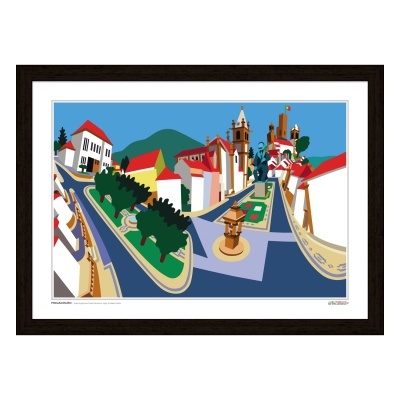 Ilustração gráfica colorida de vila com casas brancas e telhados vermelhos e igreja