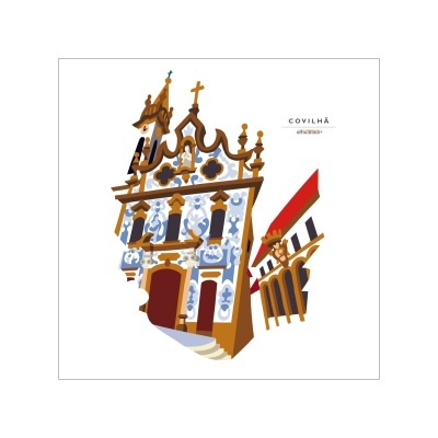 Ilustração de uma fachada arquitetónica tradicional com cores azul, branco e dourado e texto 'COVILHÃ'.