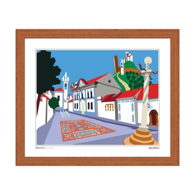 Quadro com ilustração colorida de rua típica com casas, colina e padrão de pavimento
