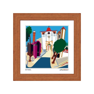 Ilustração colorida da arquitetura de Setúbal emoldurada em madeira