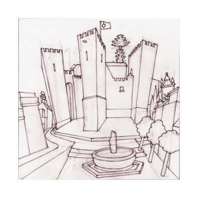 Desenho a lápis em preto e branco de praça com fonte e castelo medieval com torres altas e bandeira.