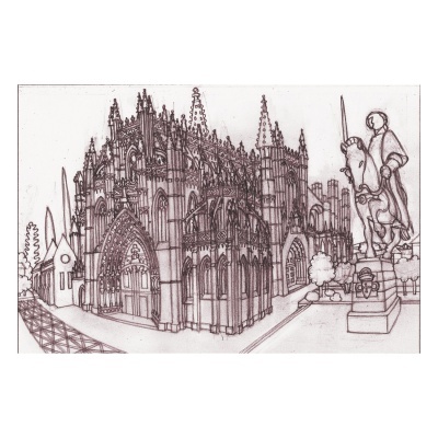 Desenho a lápis de uma catedral gótica com estátua equestre em ambiente urbano