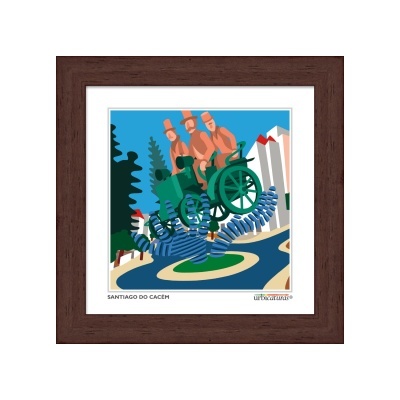 Gravura colorida emoldurada com três homens numa cadeira verde sobre mola azul