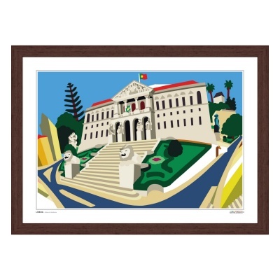 Ilustração colorida de edifício com escadaria, estátuas e bandeira de Portugal em moldura castanha