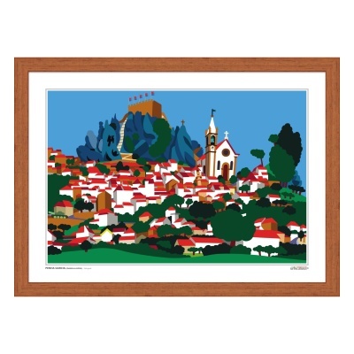 Quadro com ilustração de vila com casas de telhados vermelhos, igreja, árvores e castelo