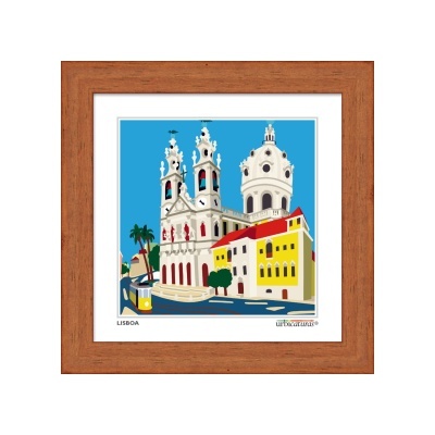 Quadro ilustrativo colorido de edifícios históricos em Lisboa com moldura de madeira