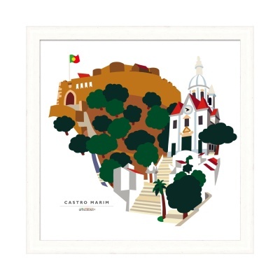 Ilustração de Castro Marim com castelo, árvores, escadaria e igreja em moldura branca