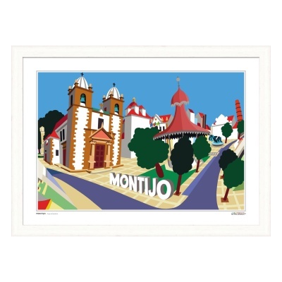 Gráfico colorido de edifício histórico e estrutura vermelha com a palavra MONTIJO