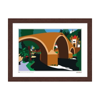 Arte digital colorida de ponte em arco castanha com paisagem e céu azul emoldurada