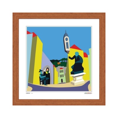 Quadro em madeira com ilustração digital colorida de paisagem urbana e estátua