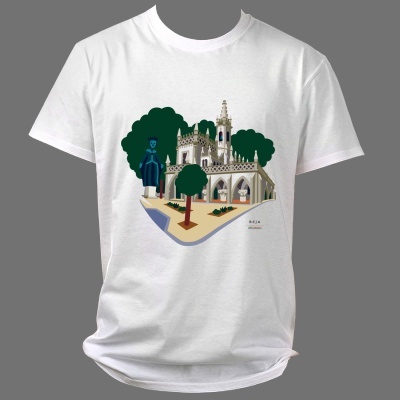 T-shirt branca com design ilustrativo de arquitetura gótica e árvores verdes