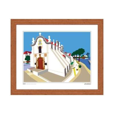 Ilustração colorida da capela de Nossa Senhora das Salvas em Sines com moldura de madeira.