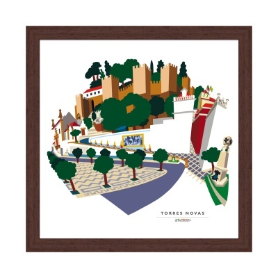 Ilustração da cidade de Torres Novas com árvores e muralhas em moldura castanha