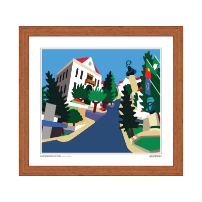 Ilustração colorida de uma rua com árvores e edifícios emoldurada