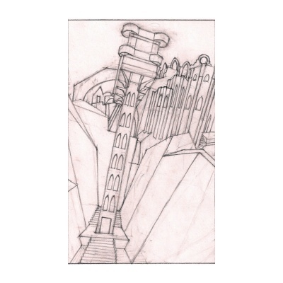 Desenho a lápis de torre inclinada com escadas e janelas arqueadas