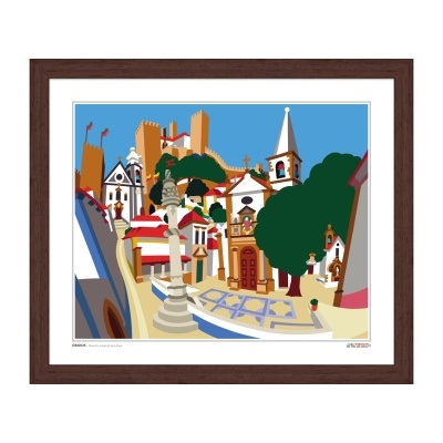 Gravura colorida de cenário urbano moldurada em madeira escura
