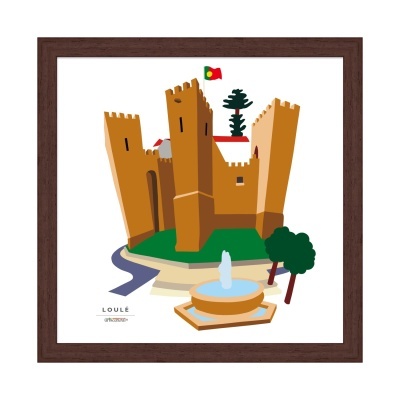 Ilustração gráfica de castelo com fonte e árvores, moldura castanha