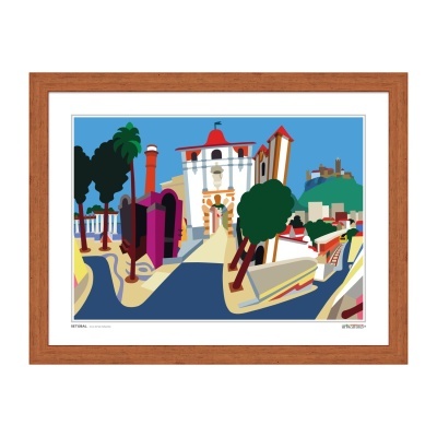 Quadro colorido emoldurado com ilustração gráfica de paisagem urbana