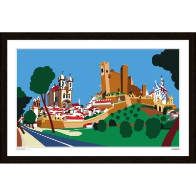 Ilustração digital de paisagem urbana com castelo e igrejas em colina, árvores e céu azul