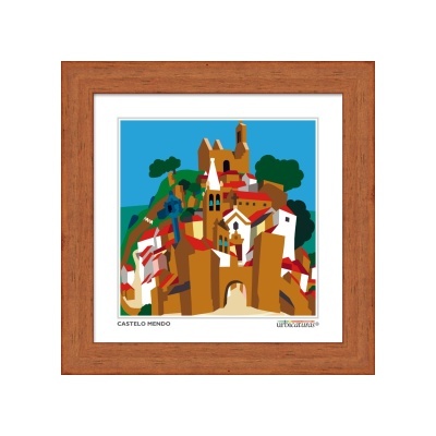 Tela artística emoldurada com imagem do Castelo de Mendo colorida.