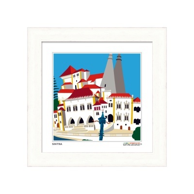Quadro emoldurado com ilustração colorida de edifícios em Sintra