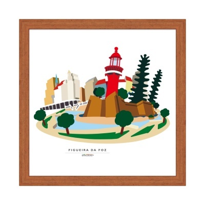 Ilustração de farol vermelho, árvores e edifícios em quadro com moldura de madeira.