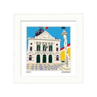Quadro ilustrativo de edifício histórico em Lisboa com pedestal e padrão no chão