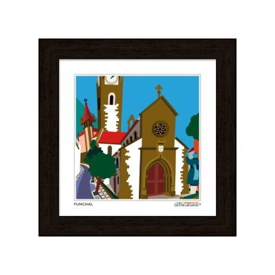 Imagem ilustrada de igreja com torre, portas vermelhas e moldura preta