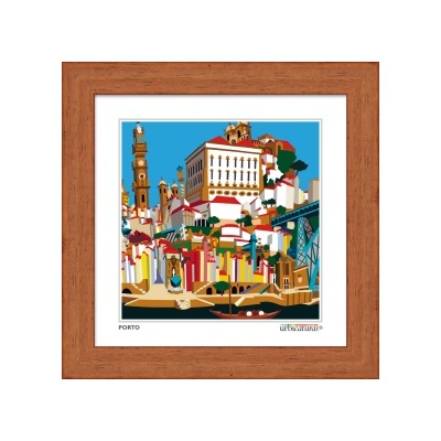 Quadro decorativo com imagem gráfica do Porto, moldura madeira castanha
