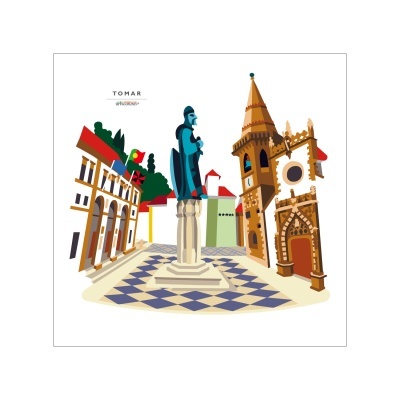 Ilustração da Praça da República em Tomar com estátua de cavaleiro e edifícios coloridos