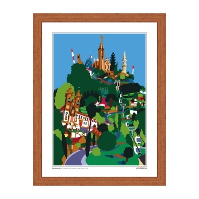 Quadro decorativo com moldura de madeira e ilustração colorida de um monte com edifícios e teleféricos