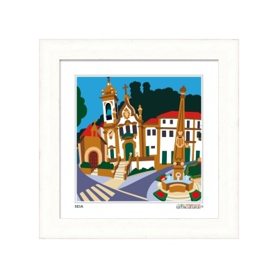 Quadro ilustrado com edifícios históricos e fonte em moldura branca