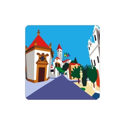 Ilustração colorida de rua com edifícios de telhados vermelhos e árvores verdes