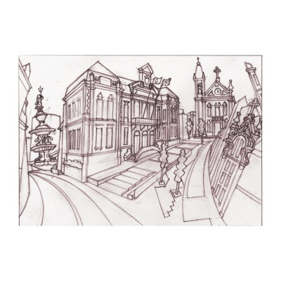 Desenho a traço de uma rua com edifícios antigos e fonte ornamental