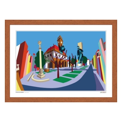 Pintura digital colorida de uma rua estilizada com árvores e edifícios