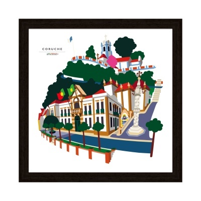 Ilustração gráfica colorida da cidade de Coruche com edifícios, árvores e estátua