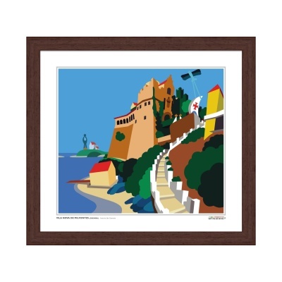 Ilustração de castelo medieval com escadaria e casas coloridas próximo ao mar, emoldurada em madeira.