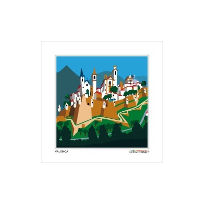 Ilustração colorida da cidade histórica de Valença com muralhas e igrejas